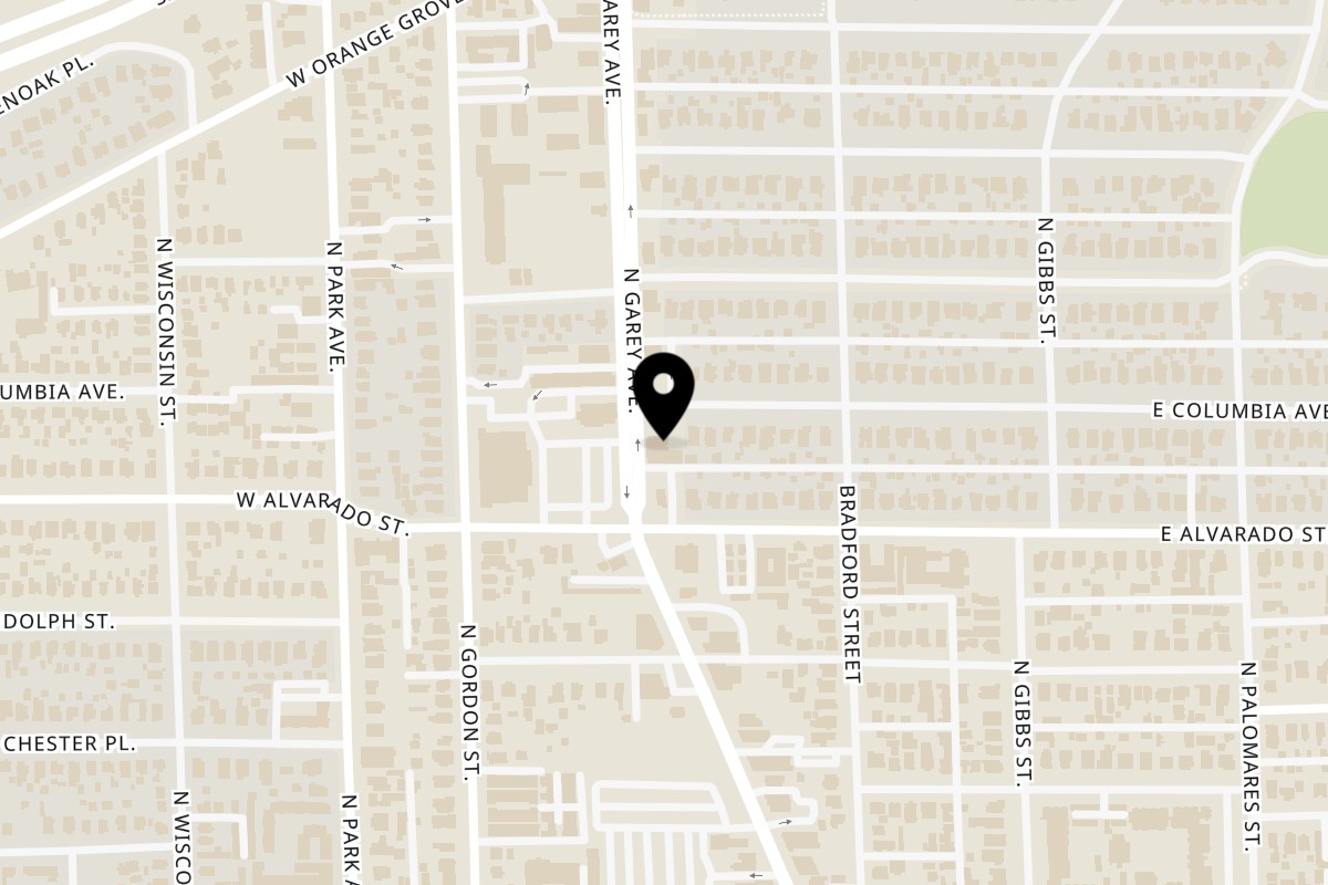 Map showing the location of Donahoo's Golden Chicken on 1074 N Garey Ave in Pomona